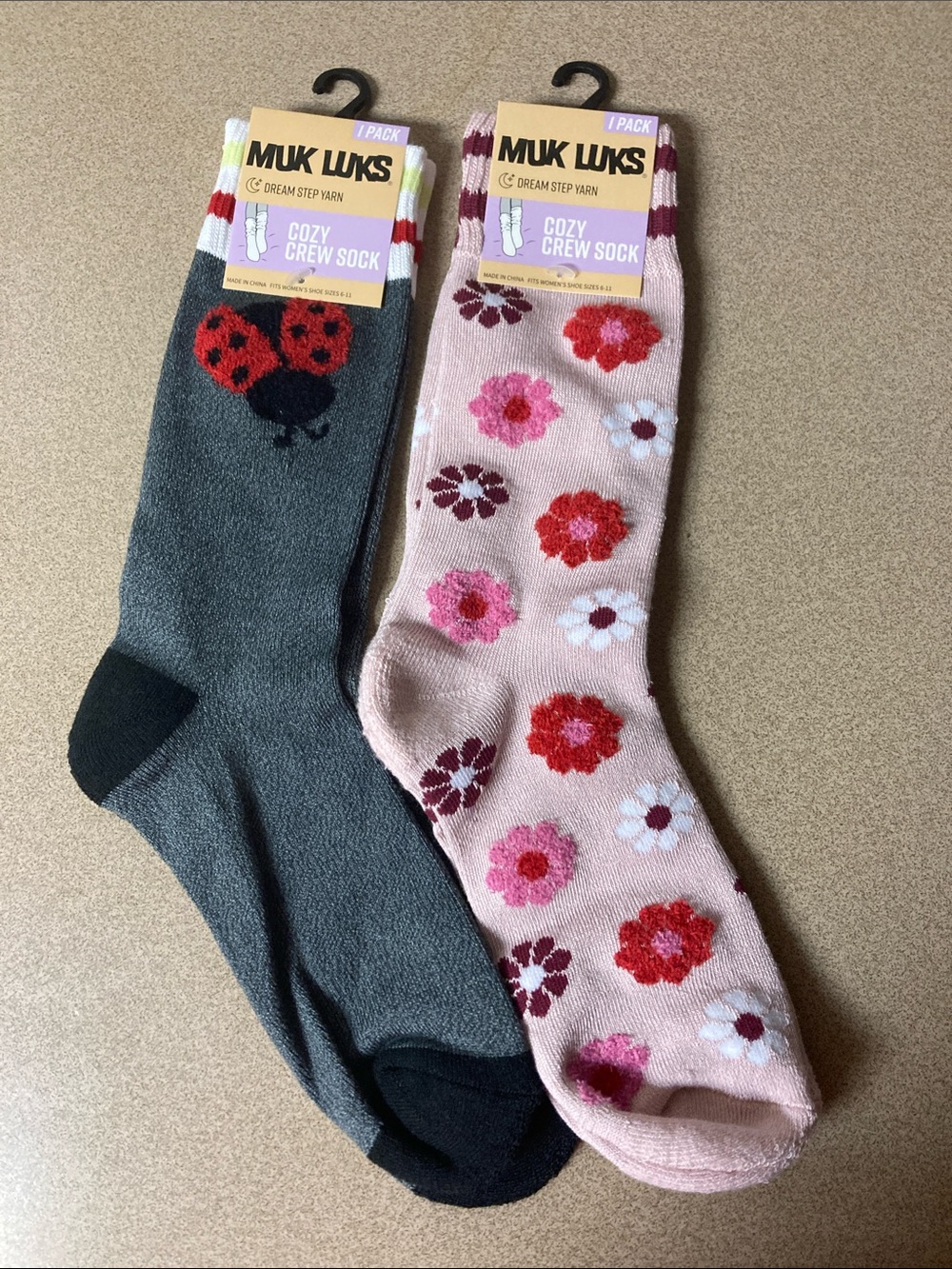 Muk Luks ladies Cozy Crew Socks - Gray with Ladybug & Pink Floral Pair